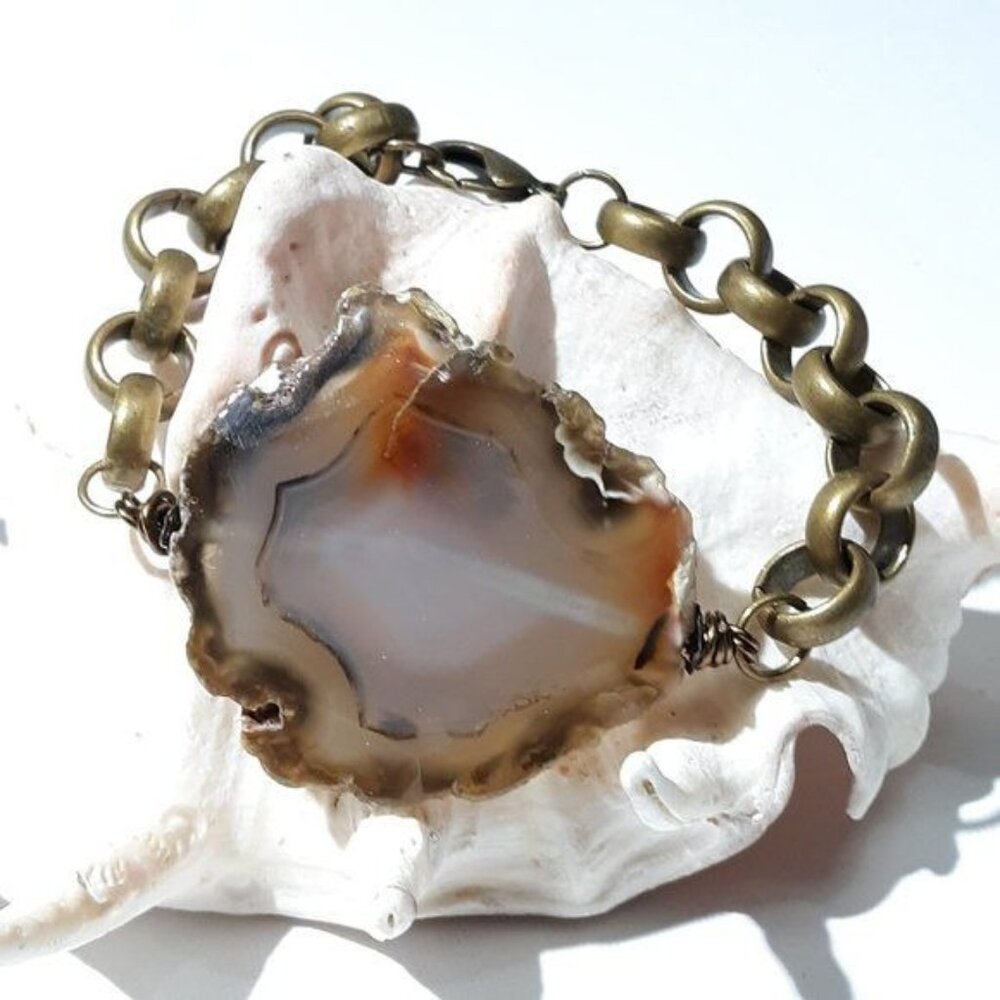Agate Slice Bracelet With Brass Chain